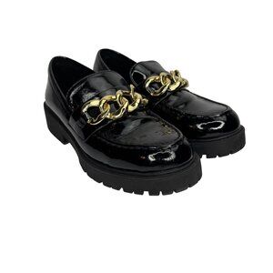 Vintage SODA Black Patent Leather Chunky‎ Y2K Loafer Gold Chain Accent 7.5M Goth